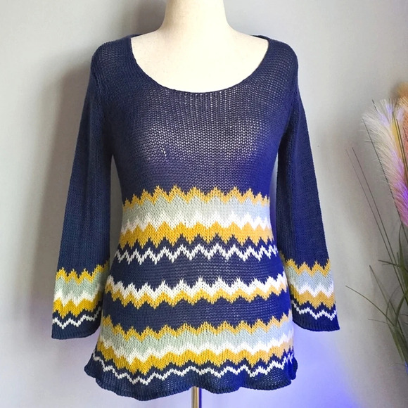 Wooden Ships, Navy Blue Yellow Chevron Stripe Scoop Neck Sweater, Size Medium - Picture 1 of 9